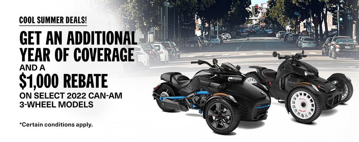 Get an additional year coverage and a $1,000 Rebate on select 2022 Can-Am 3-wheel models.